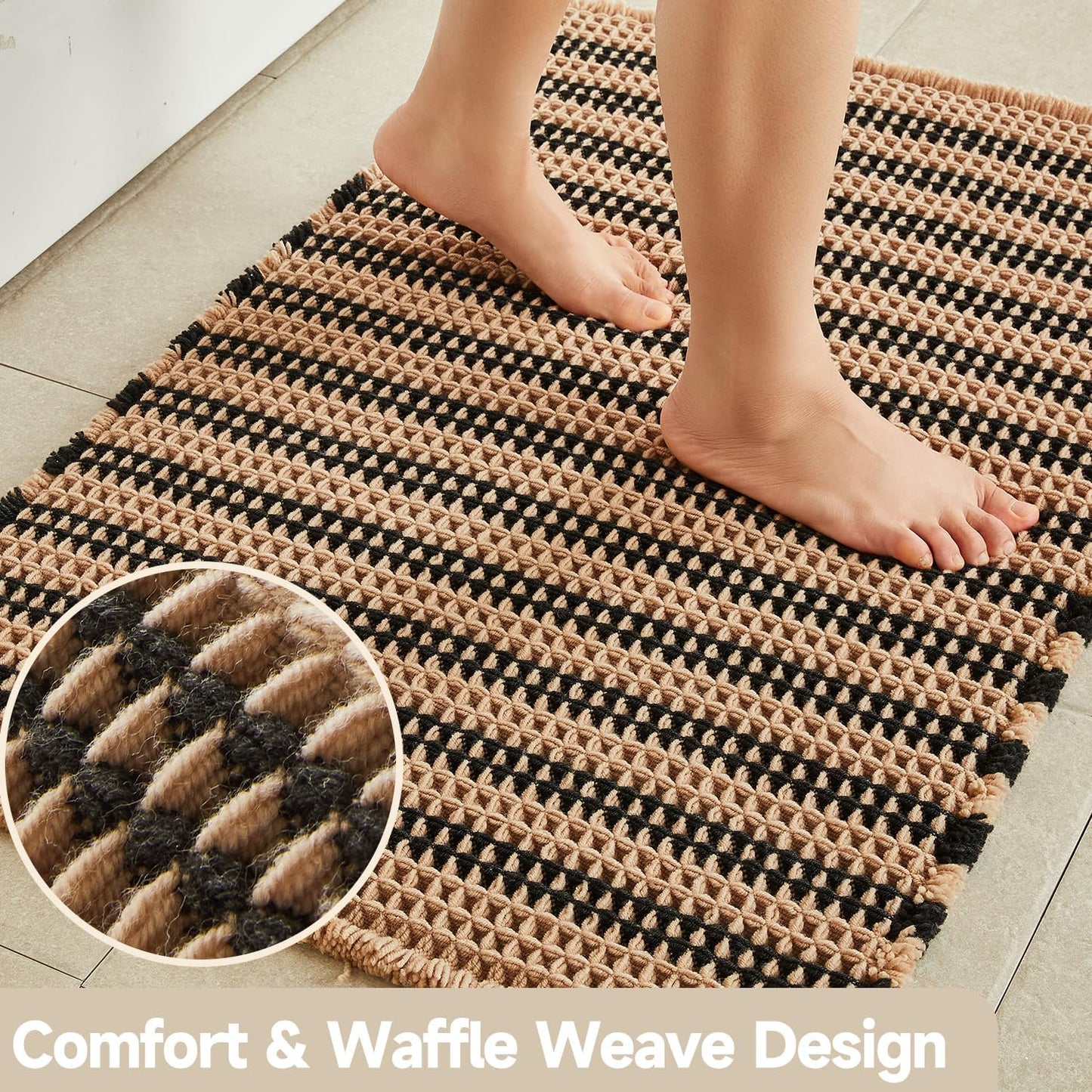 Waffle Runner Rug Bathroom, Long Boho Bathroom Rugs Non Slip Washable Super Absorbent Quick Dry Farmhouse Bath Decor, 60"x24" Black and Khaki