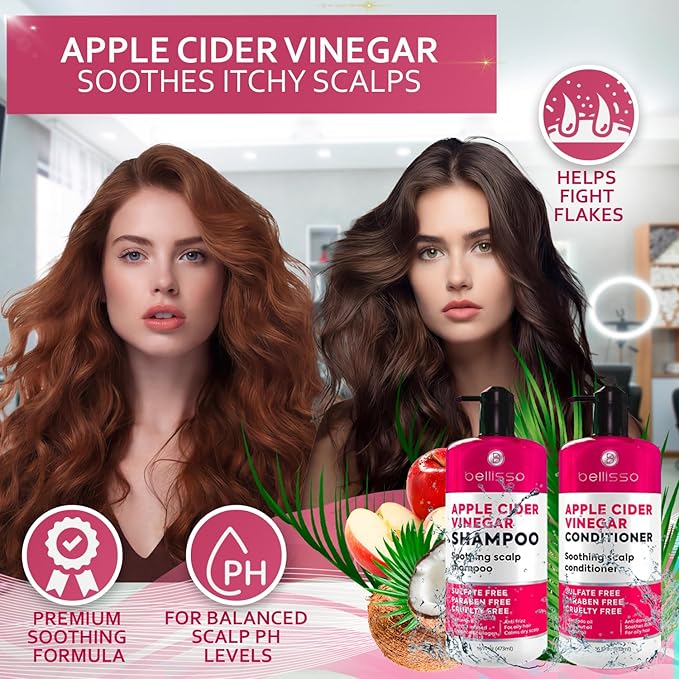 Apple Cider Vinegar Shampoo and Conditioner Set - Stop Flaky and Itchy Scalp – Sulfate Paraben Free Anti Dandruff Soothing Treatment for Dry, Oily and Damaged Hair - Intense Care for Women and Men