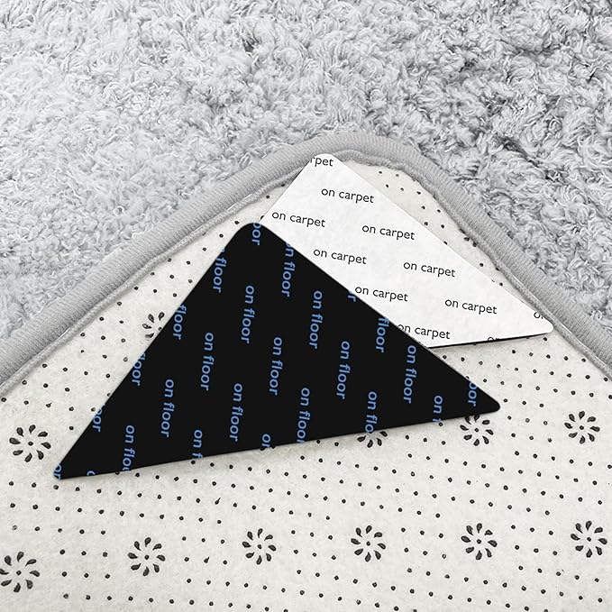 Rug Stickers for Wood Floor - Double-Sided Grippers 12PCS Triangle Carpet Stickers | Washable Non-Slip Carpets Corner Tape, Strong Rugs Fixing Pads for Hardwood Floor Area Rugs, Reusable Carpet Grip