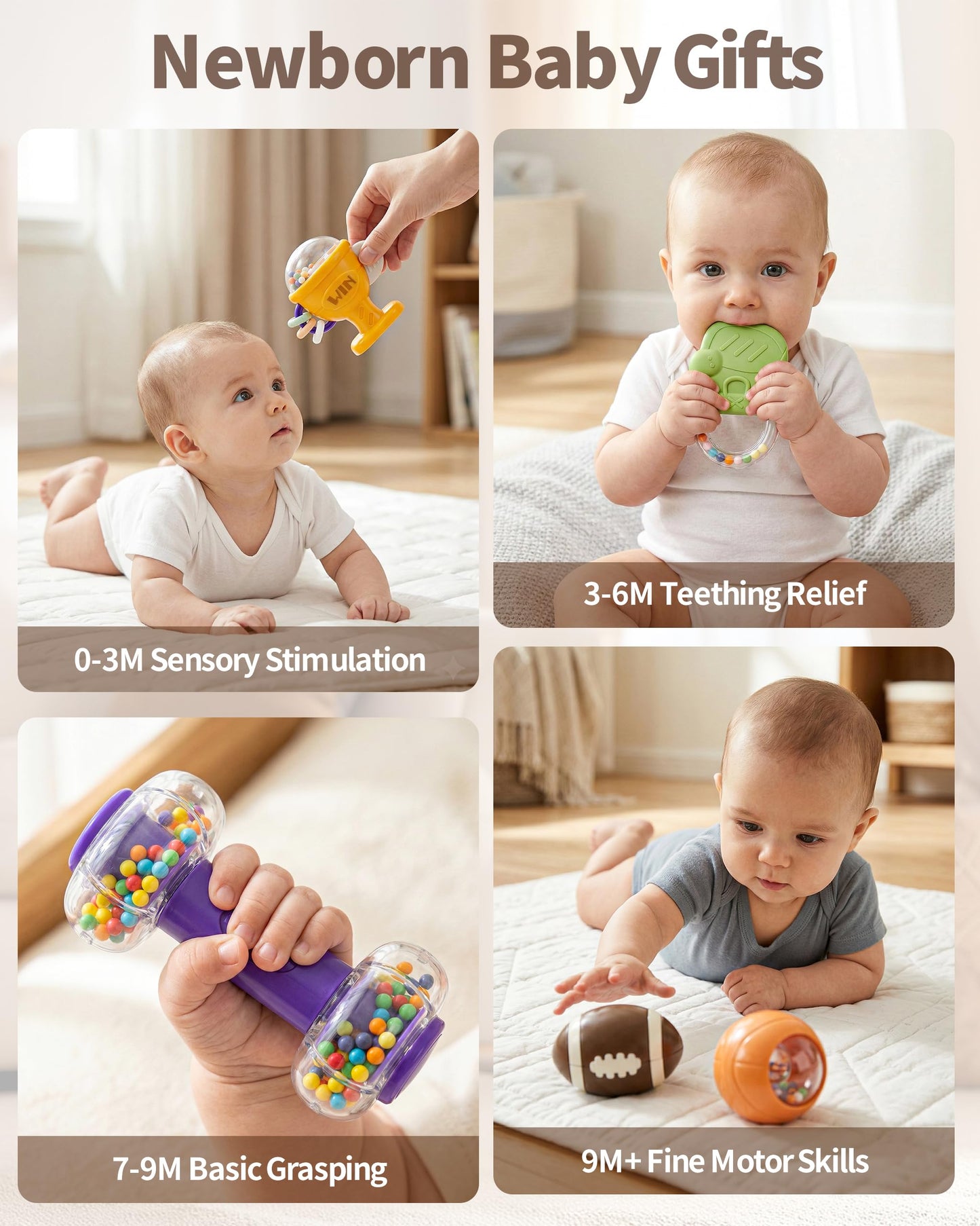 Jovow 11-Piece Sports Baby Rattles & Teether Toys with Soft Gym Bag, Infant Sensory Grasping Shakers, Early Development Set for Newborns 0-6 6-12 Months