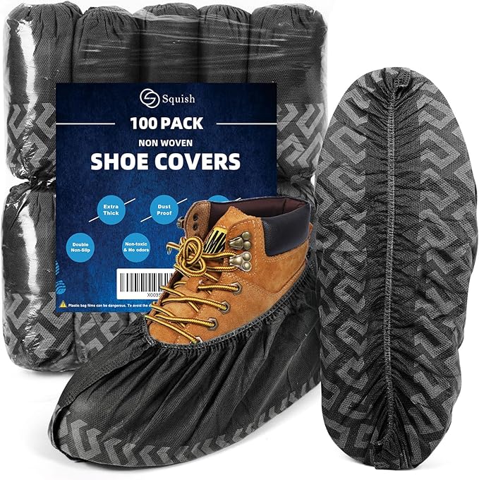 squish Shoe Covers Disposable Non Slip, 100 Pack(50 pairs) Thick Extra Disposable Boot Covers Slip Proof Shoe Cover for Indoors Outdoors Recyclable Durable Protector Covers Fits Virtually Most Shoes
