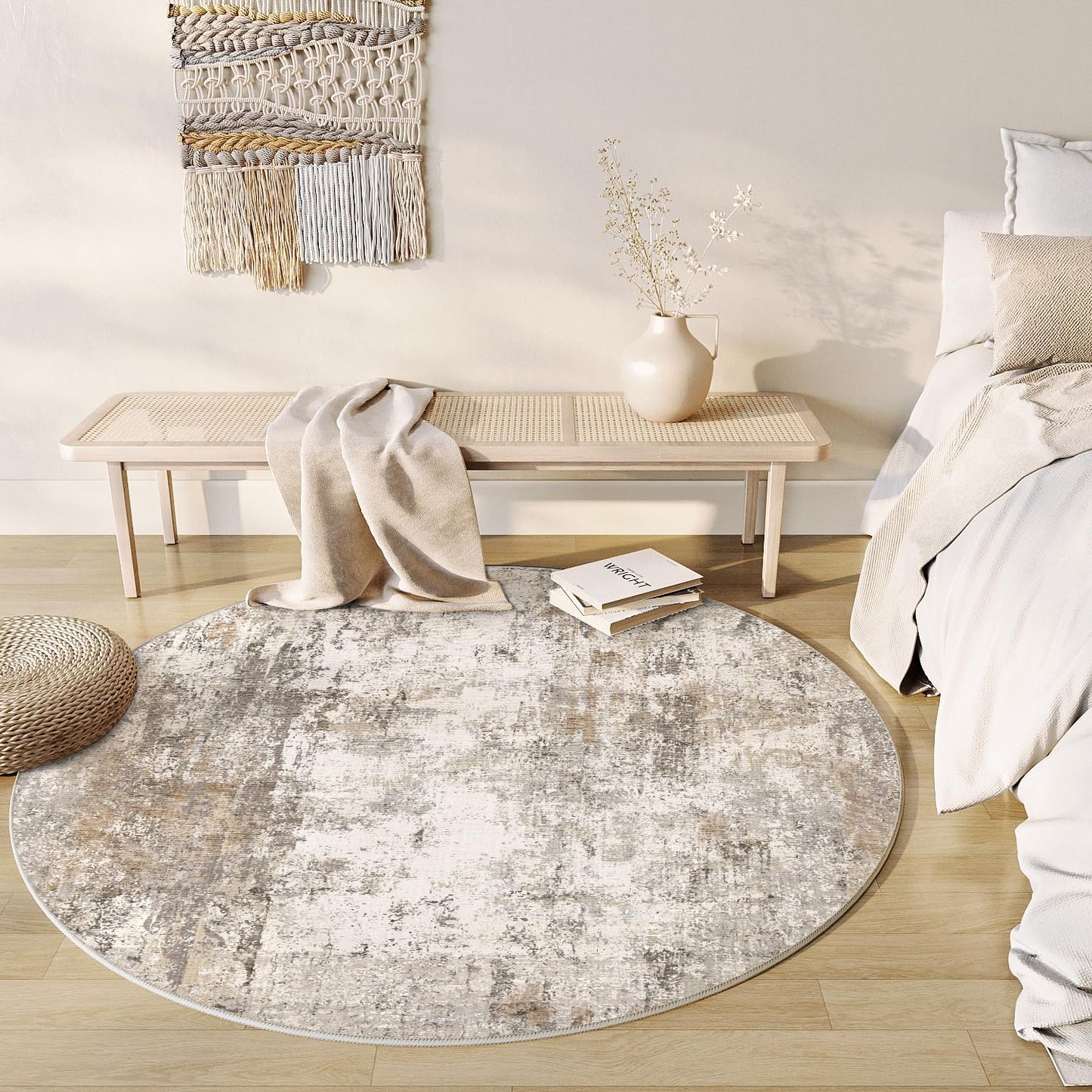 4x4 Washable Round Rug Brown Grey Neutral Abstract Entryway Non Slip Low Pile Area Rug Living Room Bedroom Indoor Doormat Soft Carpet for Entrance Bathroom Office Kitchen