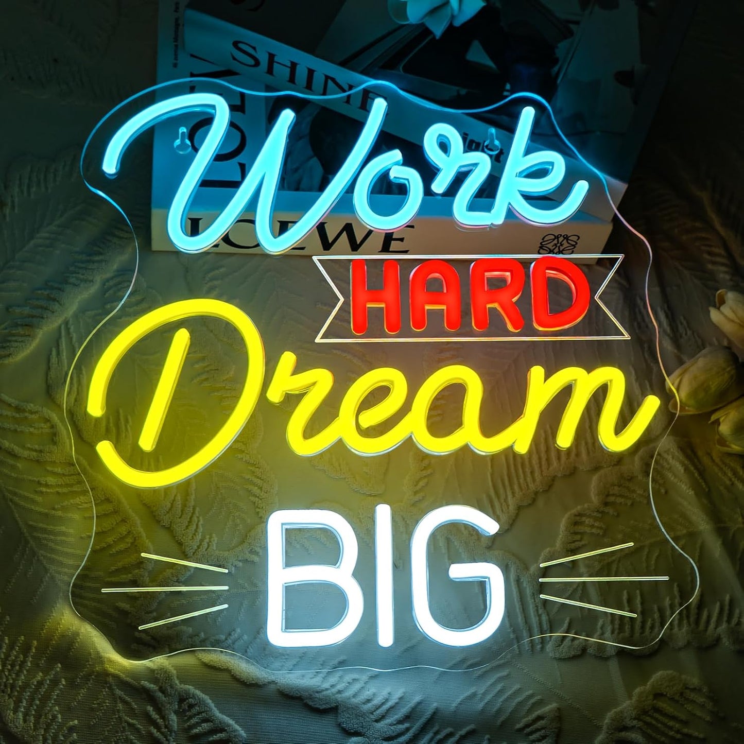 NOSUN Work Hard Dream Big Neon Sign Inspirational slogan personal studio LED Sign Wall Decor Adjustable Brightness Neon Signs USB Connect Neon Light for Bedroom Home Bar Club Hotel Party Decor