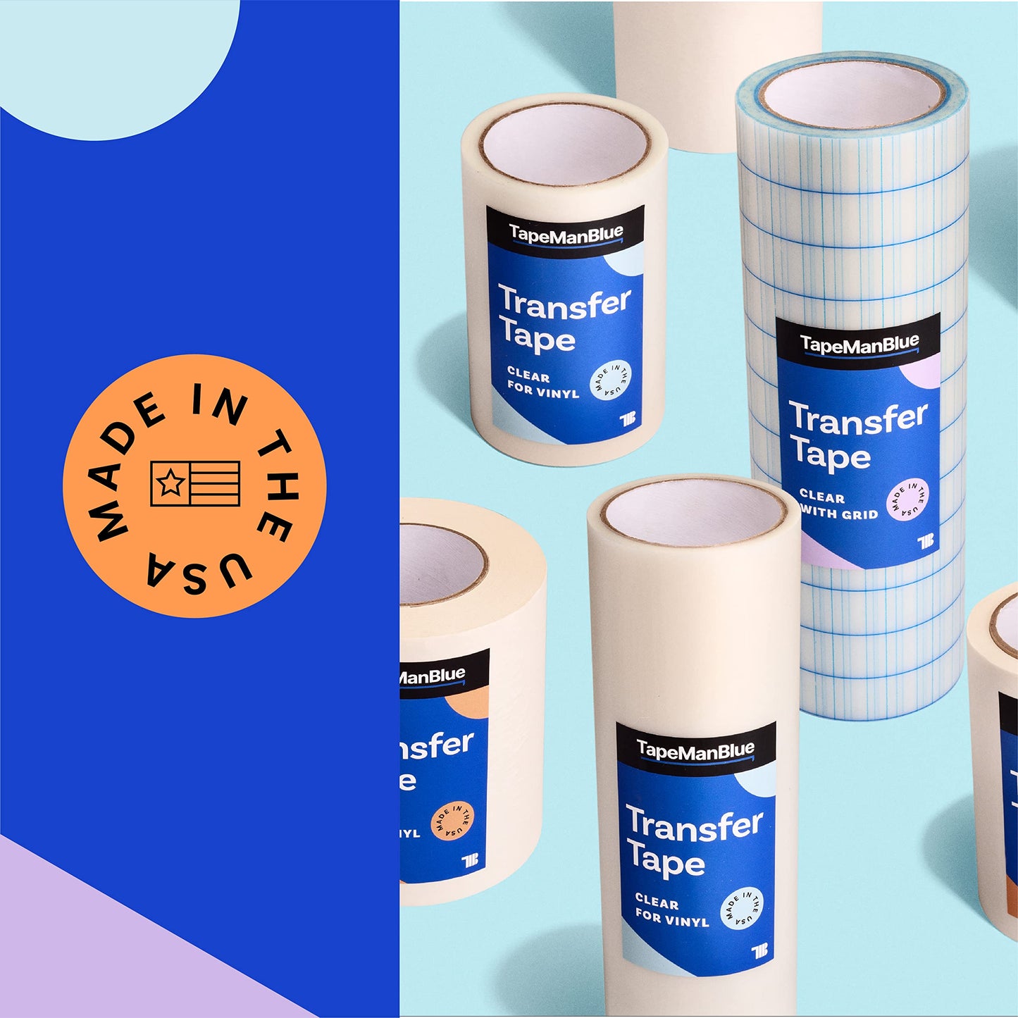 TapeManBlue Transfer Tape for Vinyl, 24 inch x 100 feet, Clear Film with Medium-High Tack Adhesive. American-Made Application Tape for Vinyl Graphics