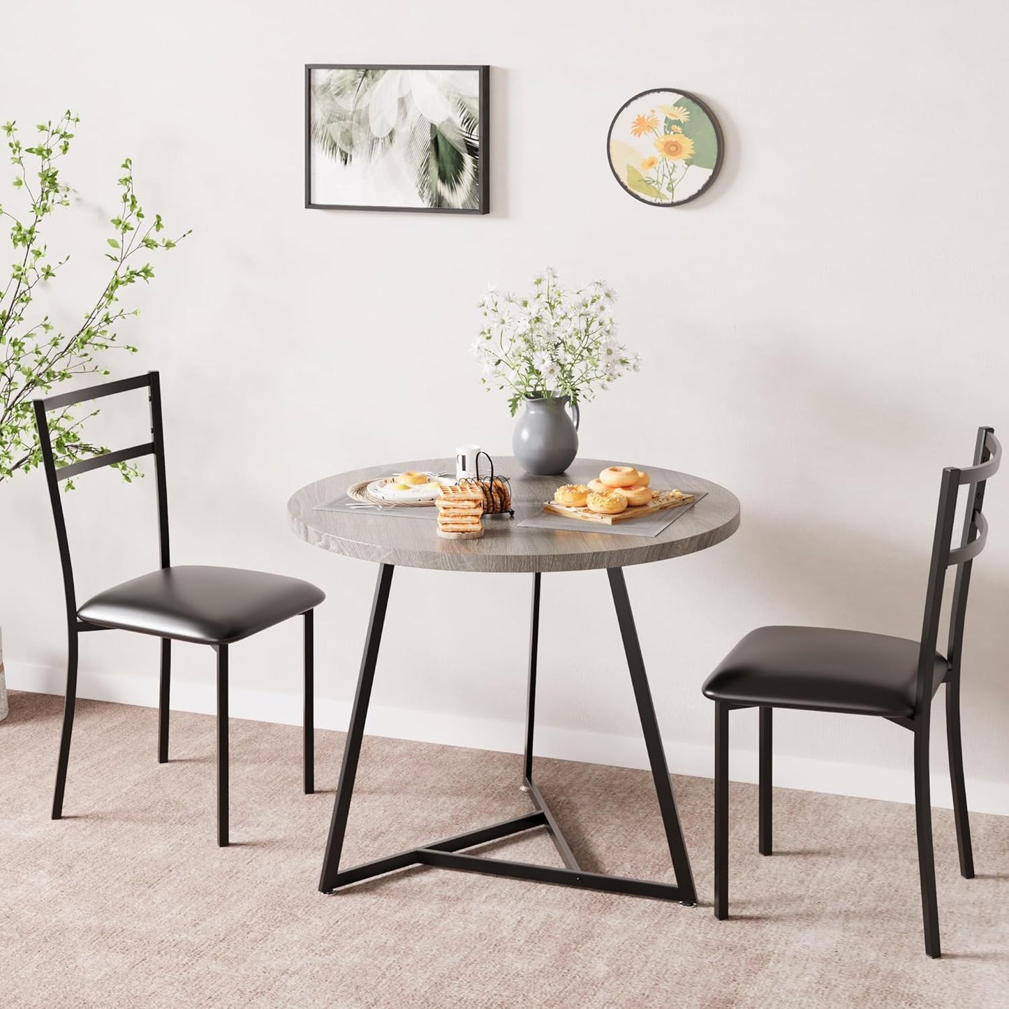 CABIHOME Dining Table Set for 2, Round Kitchen Table Set, Dining Table Set with 2 Upholstered Chairs, 3 Piece Kitchen Table Set for Small Space, Apartment, Retro Gray