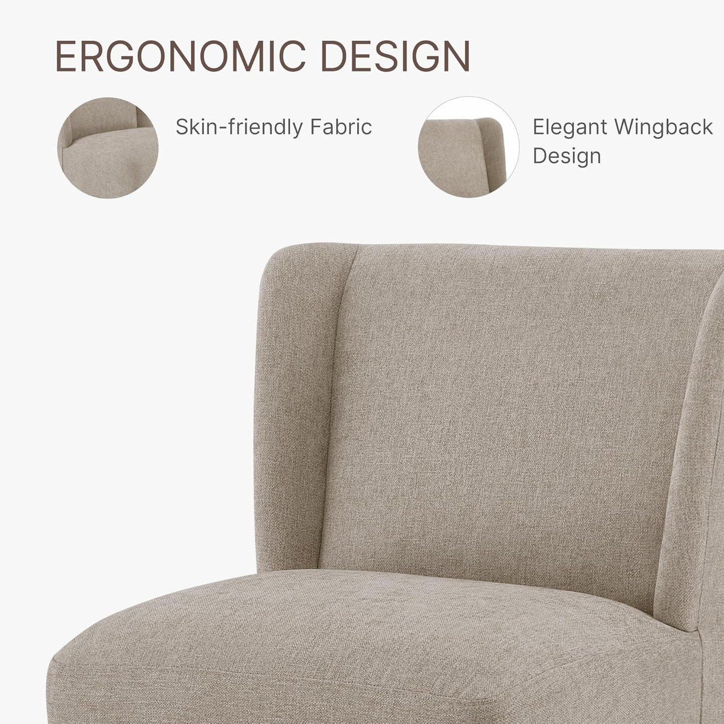 Upholstered Dining Chair with Casters Wingback Modern Side Armless Deskchair with Rollers for Diningroom Bedroom Livingroom Reading Room,Khaki,4 Box