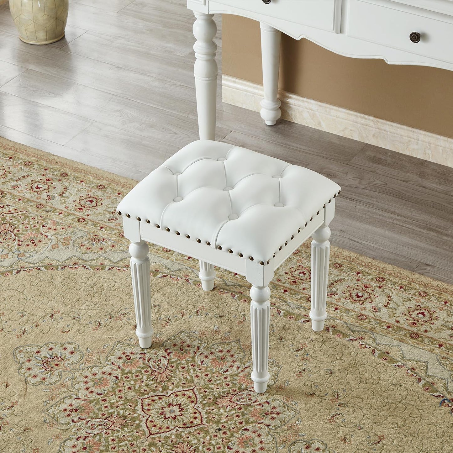 Vanity Bench Stool with Microfiber Leather Cushion, Vanity Chair Ottoman Dressing Stool with Solid Wood Legs for Bedroom, Makeup Room, Dressing Room (White)