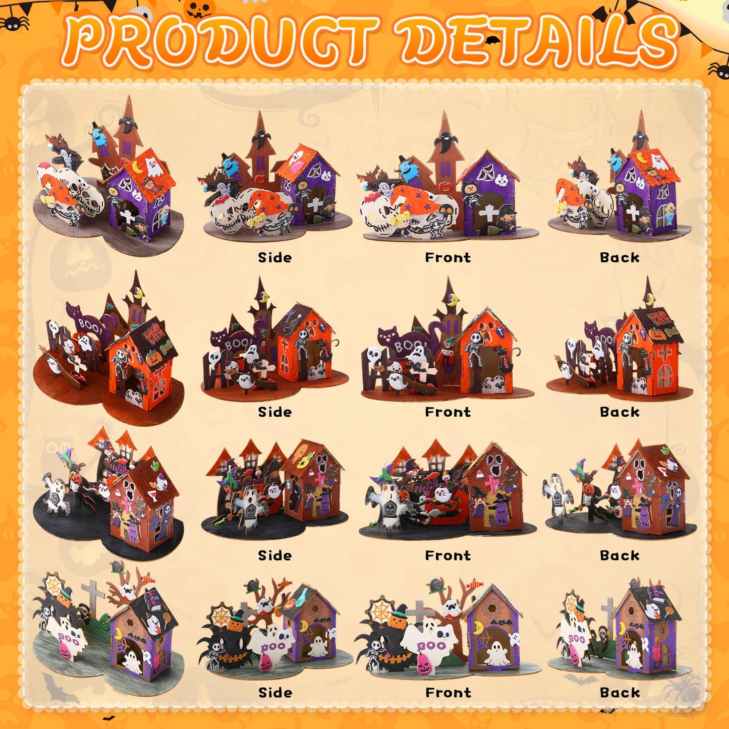 Poen 4 Set 3D Wooden Halloween Haunted House Crafts Kit DIY Wood Ghost House Puzzles Set with Paints Brushes Stickers for Halloween Home Table Decoration Party Gifts Supplies Indoor Decor