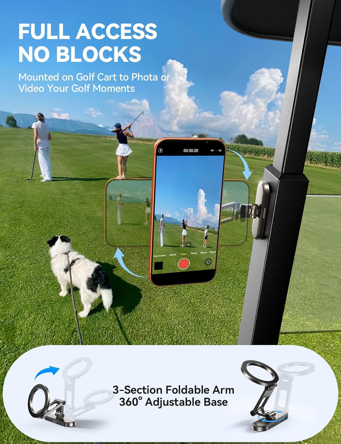 JOYROOM Upgraded Magnetic Golf Cart Phone Holder, [Tri-fold+All Metal] Magsafe Phone Holder Compatible with MagSafe iPhone 17 16 15 14 13 12 Fits EZGO Club Car Yamaha Icon Golf Cart Accessories Gifts
