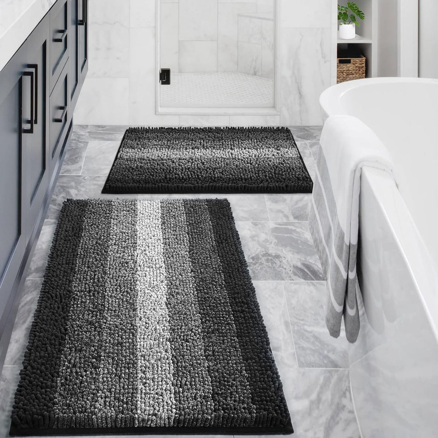 Gibelle Black Bathroom Rug Set 2 Piece, Chenille Non Slip Bath Mat Set, Absorbent Shower Rug and Bath Room Floor Mats, Quick Dry Bathmat Bathroom Decor Accessories for Tub, 16" x 24", 20" x 32"