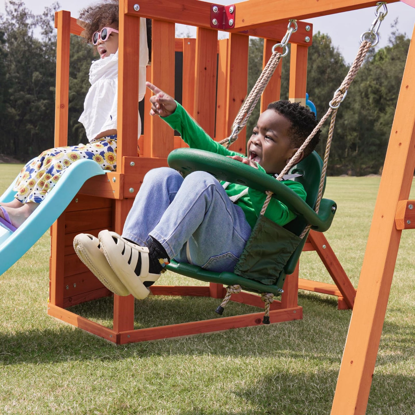 Dolphin Playground 5-in-1 Toddler Swing Sets with Slide for Backyard, Toddler Outdoor Playset with Baby Swing, Table, Blackboard, Kid Slide, Rock Climbing Wall, Ages 18 mo to 4 yrs