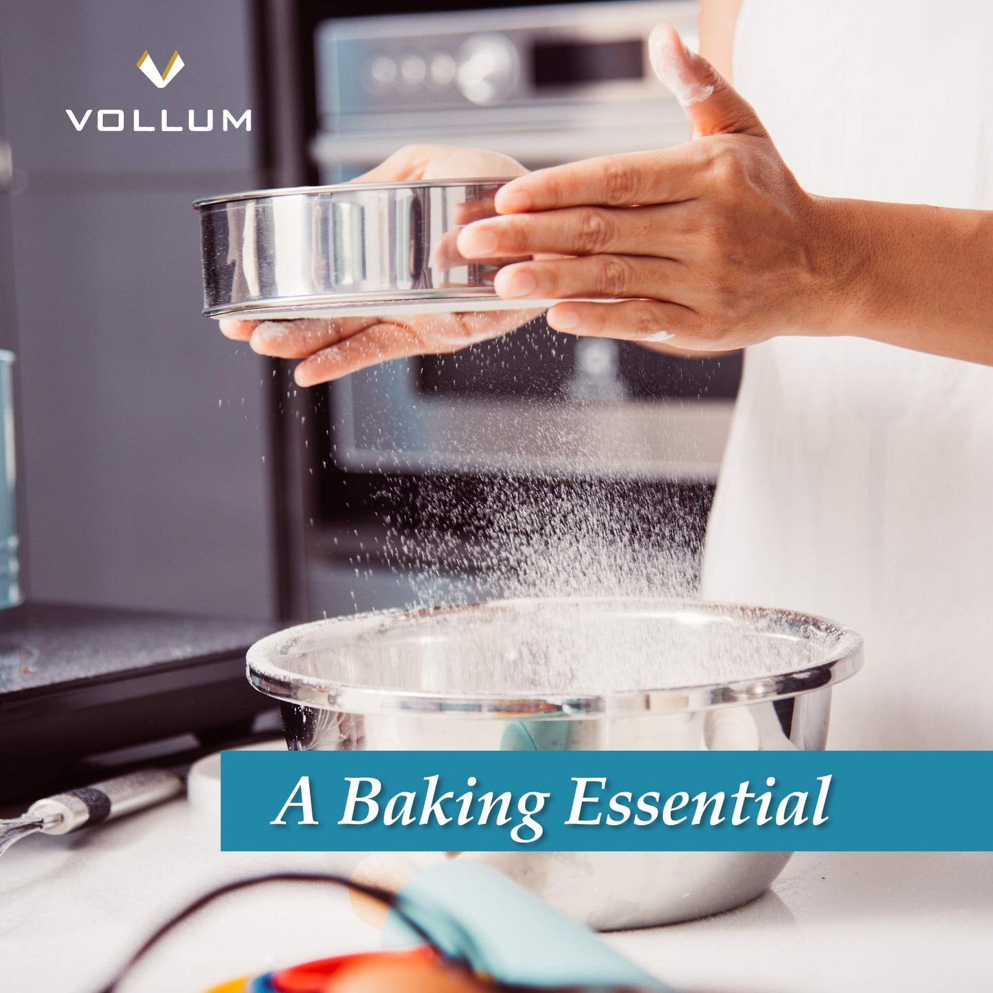 Vollum Stainless Steel Flour Sifter Fine Mesh Round Flour Sieve for Baking 12" Diameter x 2.5" High; 50 Mesh (Hole Size 0.3mm)