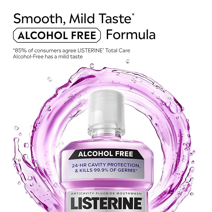 Listerine Total Care Alcohol-Free Anticavity Mouthwash, 6 Benefit Fluoride Mouthwash for Bad Breath and Enamel Strength, Fresh Mint Flavor, Twin Convenience Pack, 2 x 1 L