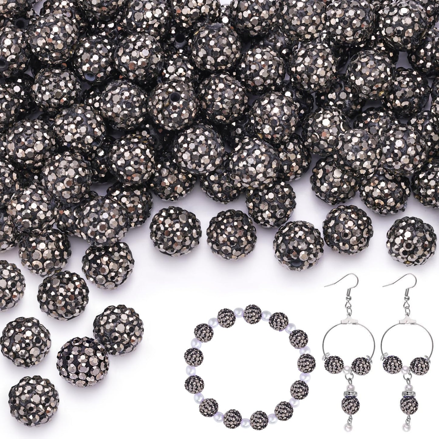 150 pcs 10mm Rhinestone Beads for Jewelry Making, Hematite Shiny Round Shamballa Disco Beads Bulk, Sparkle Crystal Clay Christmas for Bracelet Baseball Necklace Earring Crafting and DIY