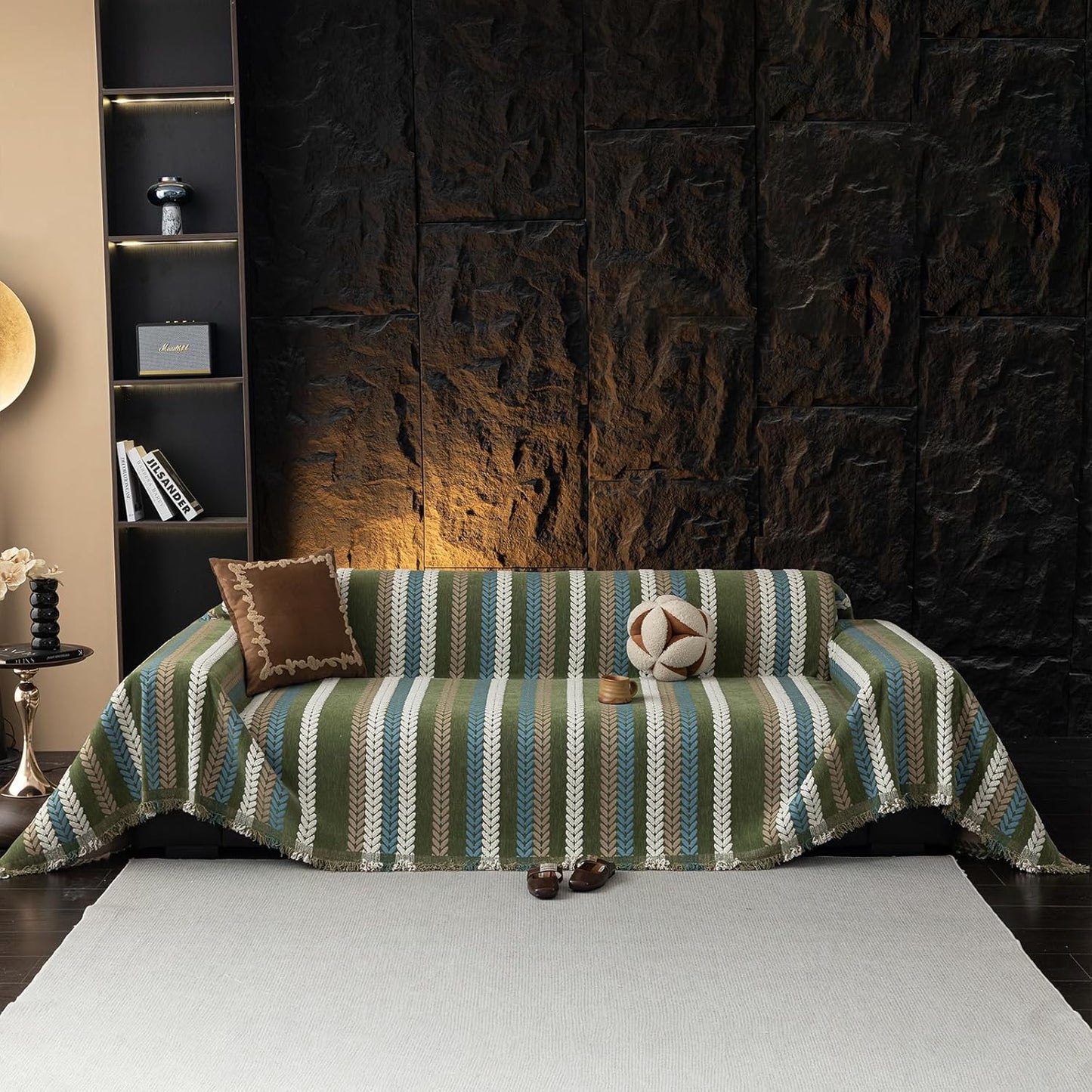 STACYPIK Thick Jacquard Green Couch Cover, Washable Sofa Cover for 3 Cushion Couch, Washable Chenille Couch Cover Blanket, Multi-use Sofa Protector Slipcover, Furniture Protector Pet-Friendly-71X150IN