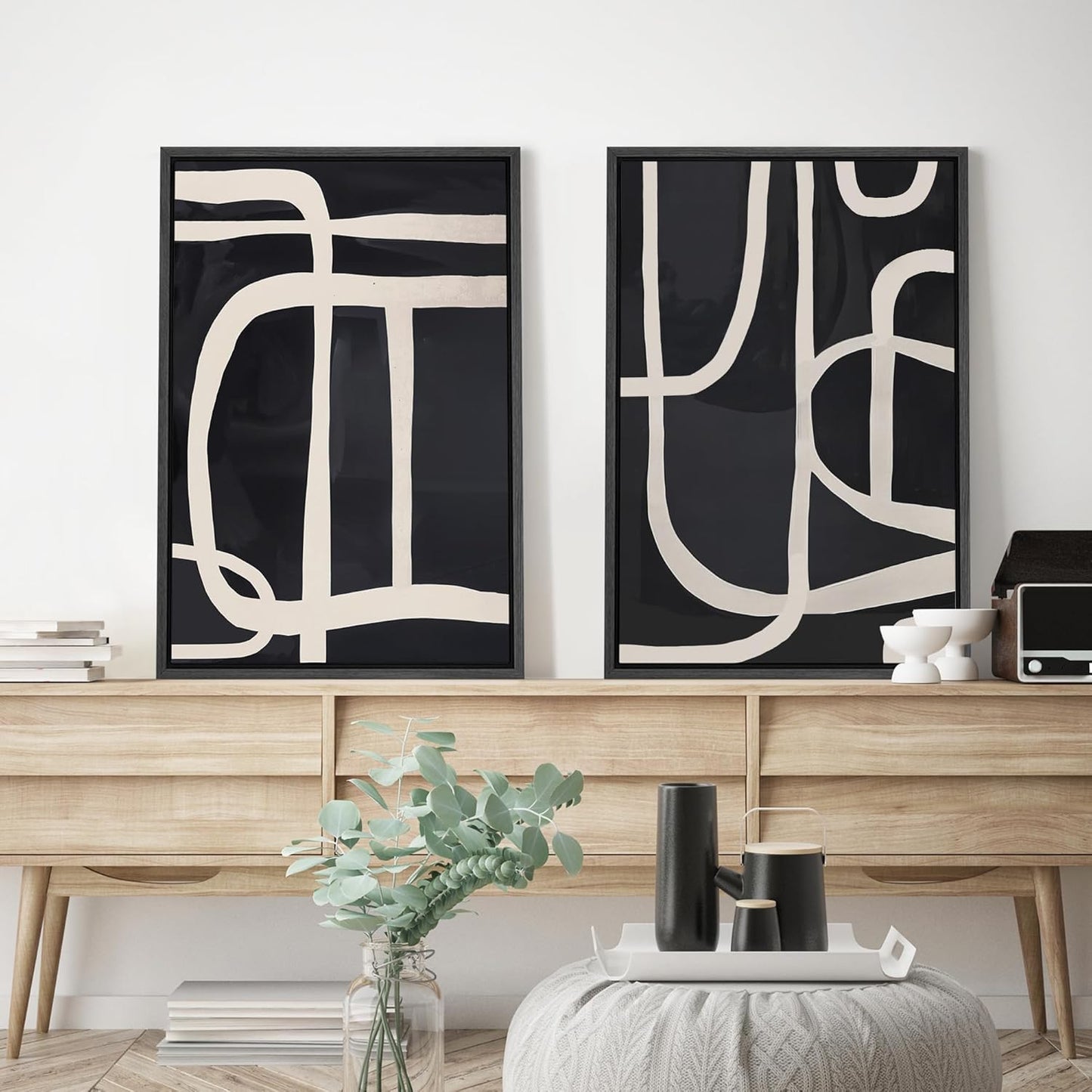 SIGNWIN Framed Canvas Print Wall Art Modern Graphic Black and White Curved Line Patterns Illustrations Modern Art Decorative Contemporary for Living Room, Bedroom, Office - 16"x24"x2 Black