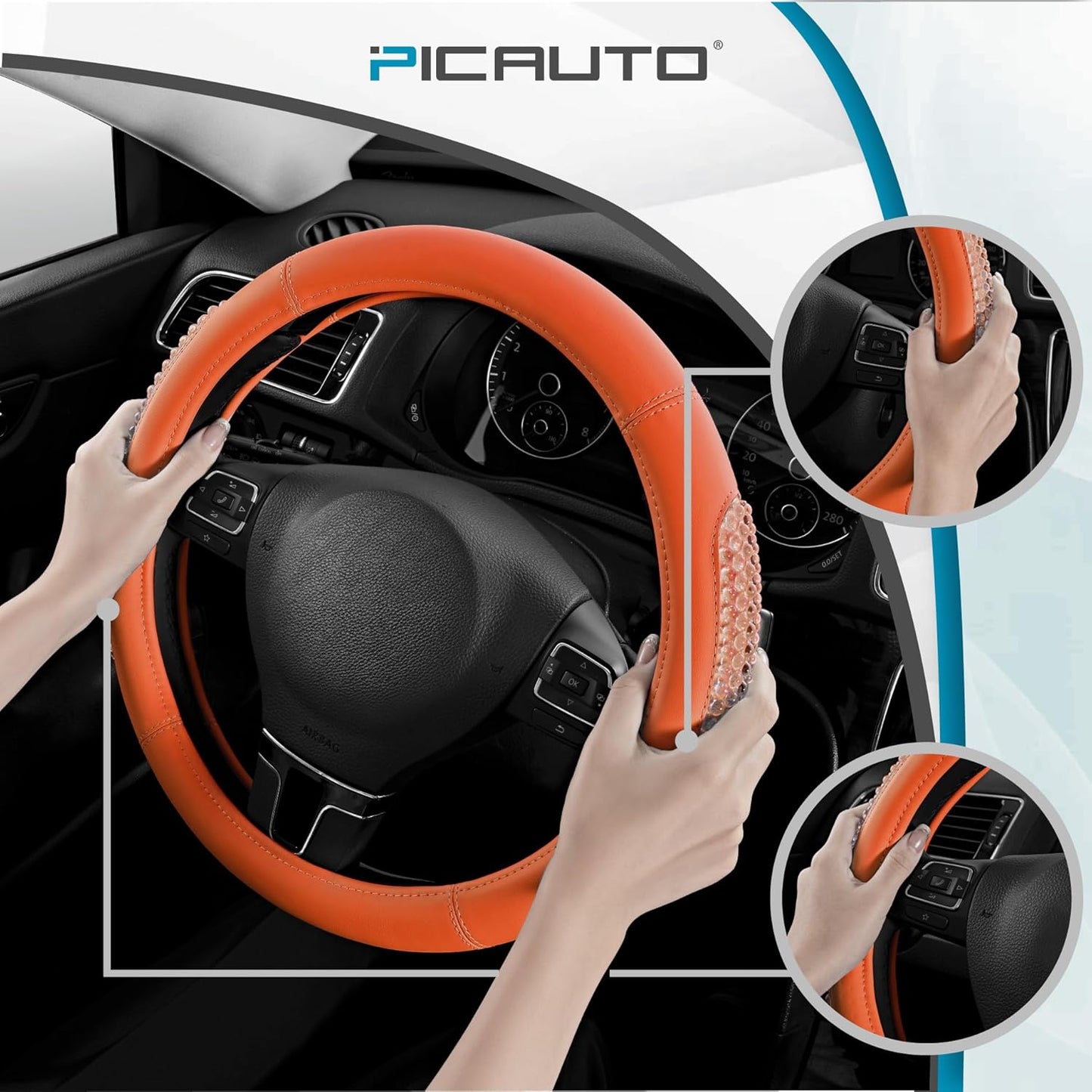 PIC AUTO Steering Wheel Cover, Glitter Gel Particles & Orange Luxury Leather Car Steering Cover, Universal Fit 14.5"-15.5" Anti-Slip Car Wheels Cover for Girls & Women