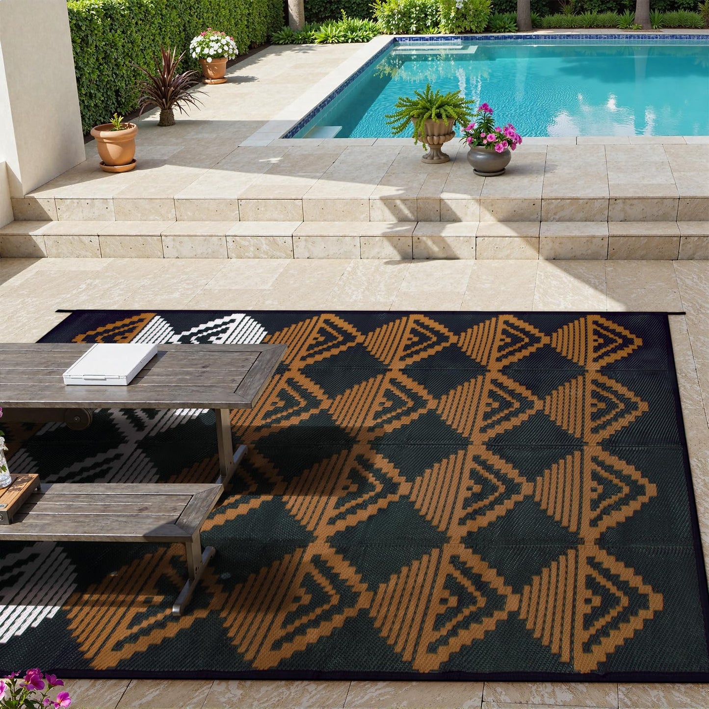 Lahome Outdoor Rugs 8x10 Waterproof, Reversible Plastic Large Outdoor Rug for Patios, Outside RV Mat Carpet for Patio Deck Porch Backyard Balcony Picnic Trailer (Black/Brown, 8' x 10')