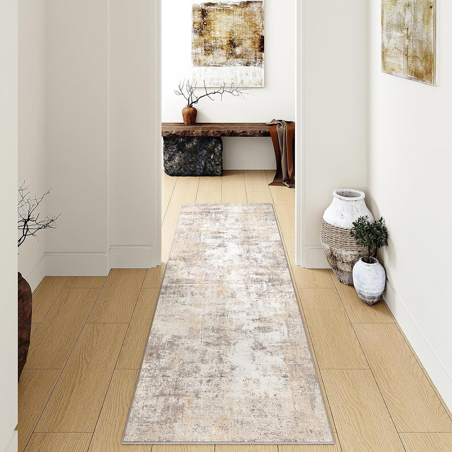 3x8 Washable Runner Rug Beige Grey Neutral Abstract Hallway Kitchen Living Room Bedroom Non Slip Throw Rug Soft Low Pile Indoor Carpet for Entrance Laundry Bathroom