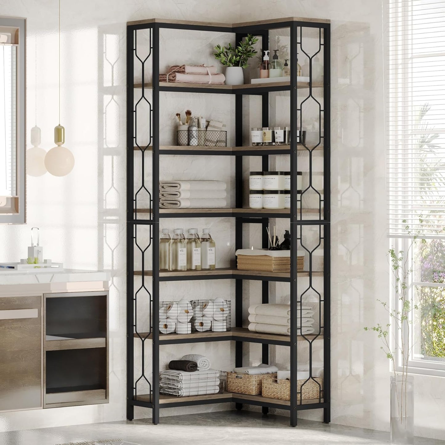 Tribesigns Corner Shelf, 7-Tier Industrial Corner Bookshelf, Wood and Metal Corner Etagere Bookcase, Freestanding Display Shelf for Living Room, Kitchen, Home Office, Gray