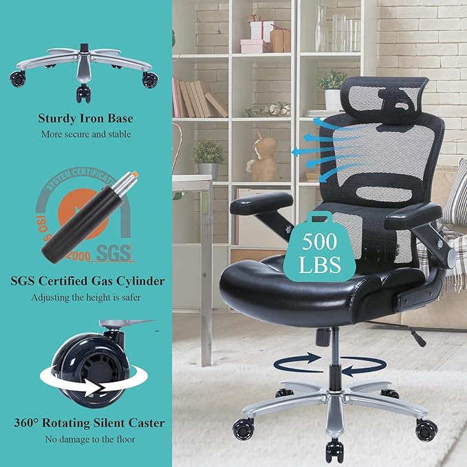 Big and Tall Office Chair,500lbs Capacity Ergonomic Desk Chair for Heavy People,PU Leather Swivel Rolling Computer Chair with Padded Flip-up Arms,High Back Executive Office Chair,Black