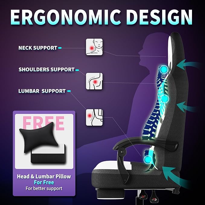 Gaming Chair Fabric, Ergonomic Computer Chair with Footrest, Video Gamer Chair with Pocket Spring Cushion,Linkage Armrests and Headrest Lumbar Support,Swivel Height Adjustable Office Chair for Adults