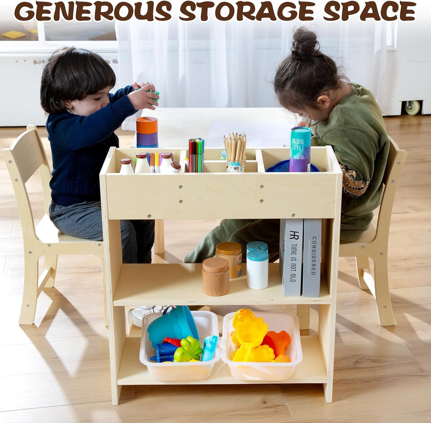 Kids Art Table and Chair Set, Birch Wooden Activity Craft Table, Kids Drawing Table, Toddler Desk with Storage and 1 Chair