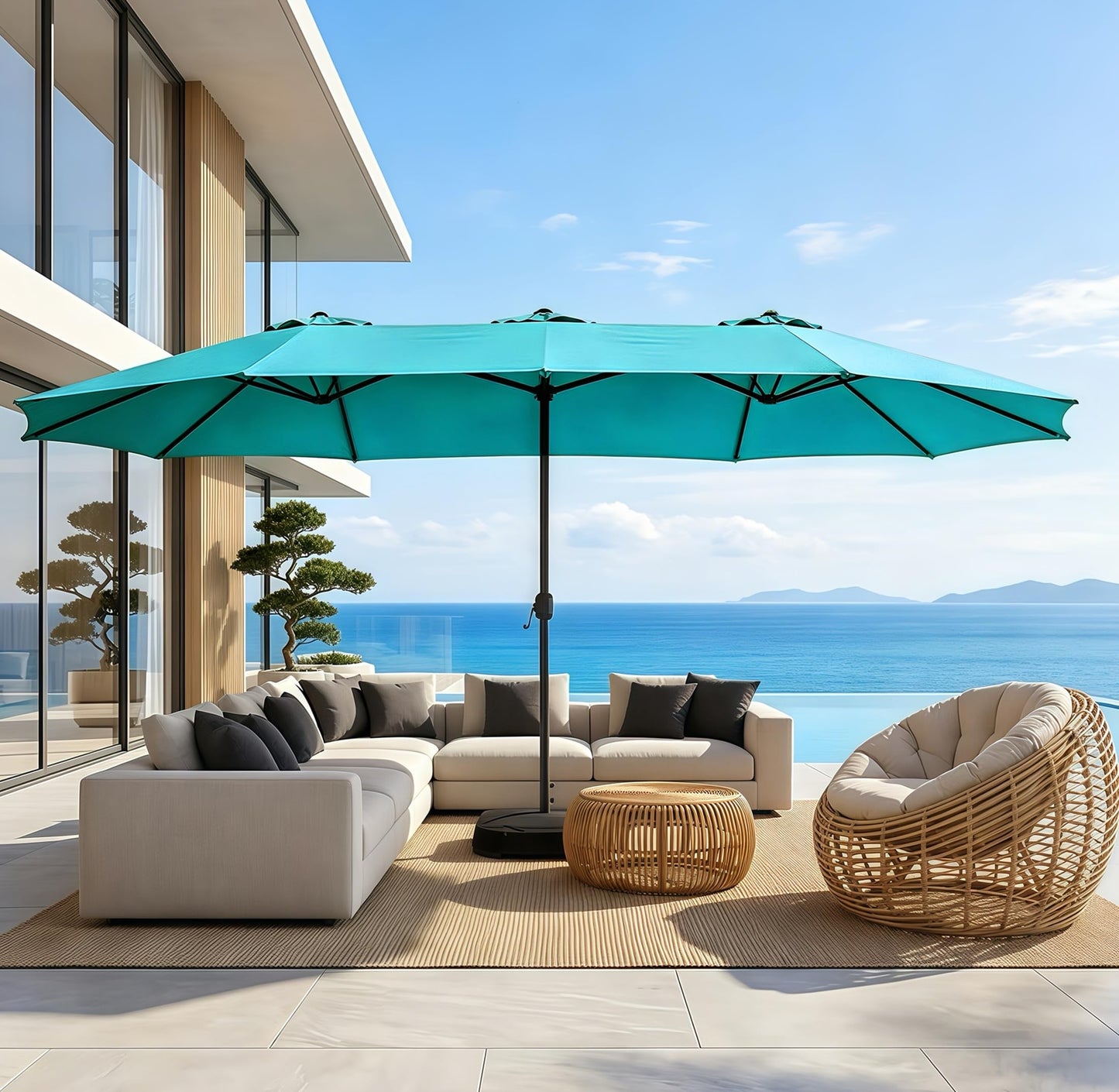 Bigroof 15ft Patio Umbrella with Base, Large Outdoor Double-Sided Market Umbrella with Terylene Polyester Fabric and Crank for Poolside Garden Deck Backyard Beach Pools (Turquoise)