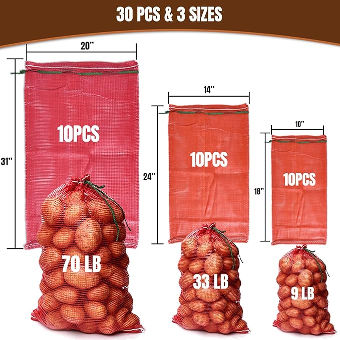 30 Pack 3 Sizes Mesh Onion Bags (18"x10", 24"x14", 31"x20"), Reusable Drawstring Fresh Produce Storage Bags for Onions, Vegetables, Potatoes, Citrus