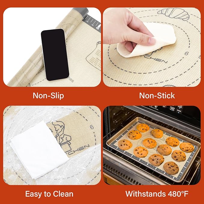 Extra Thick Silicone Mat for Baking Macaron, Bread, Pizza, Silicone Baking Mat with Measurement, Non Stick Pastry Mat for Dough Rolling Out, Heat Resistant to 480°F Gift for Baker
