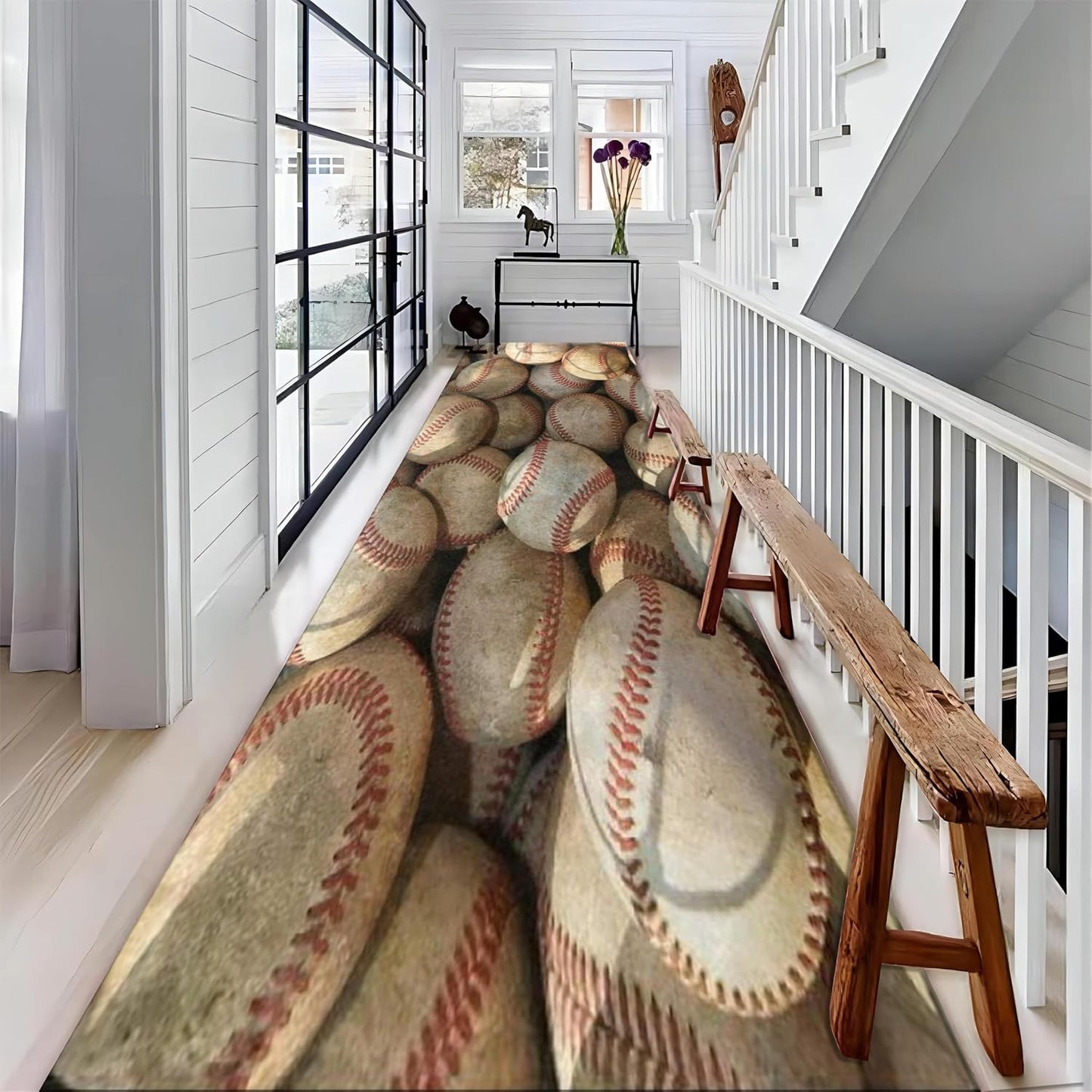 Baseball Long Hallway Rug Runners, 2x10ft, Sports Field Indoor Carpet, Reduce Noise Breathable Soft Entry Rug, Non-Shedding Pet Friendly Foldable Area Rug for Indoor Entry Entryway