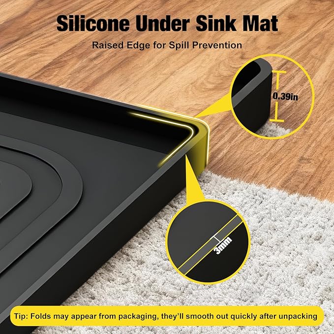 Under Sink Mat 25" X 19", Waterproof Silicone Under Sink Mats for Kitchen, Anti-Leak Shelf Liner & Cabinet Protector with Raised Edge, [BPA Free] Bathroom Tray Home Organizer, Black