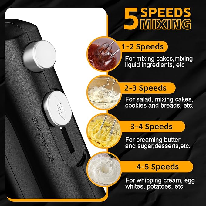 Lord Eagle 5-Speed Hand Mixer Electric, 300W Compact Handheld Mixer, Portable Kitchen Egg Beater with 5 Attachments & Storage Bag, Cake Supplies for Bread Dough Baking, Lightweight, Black