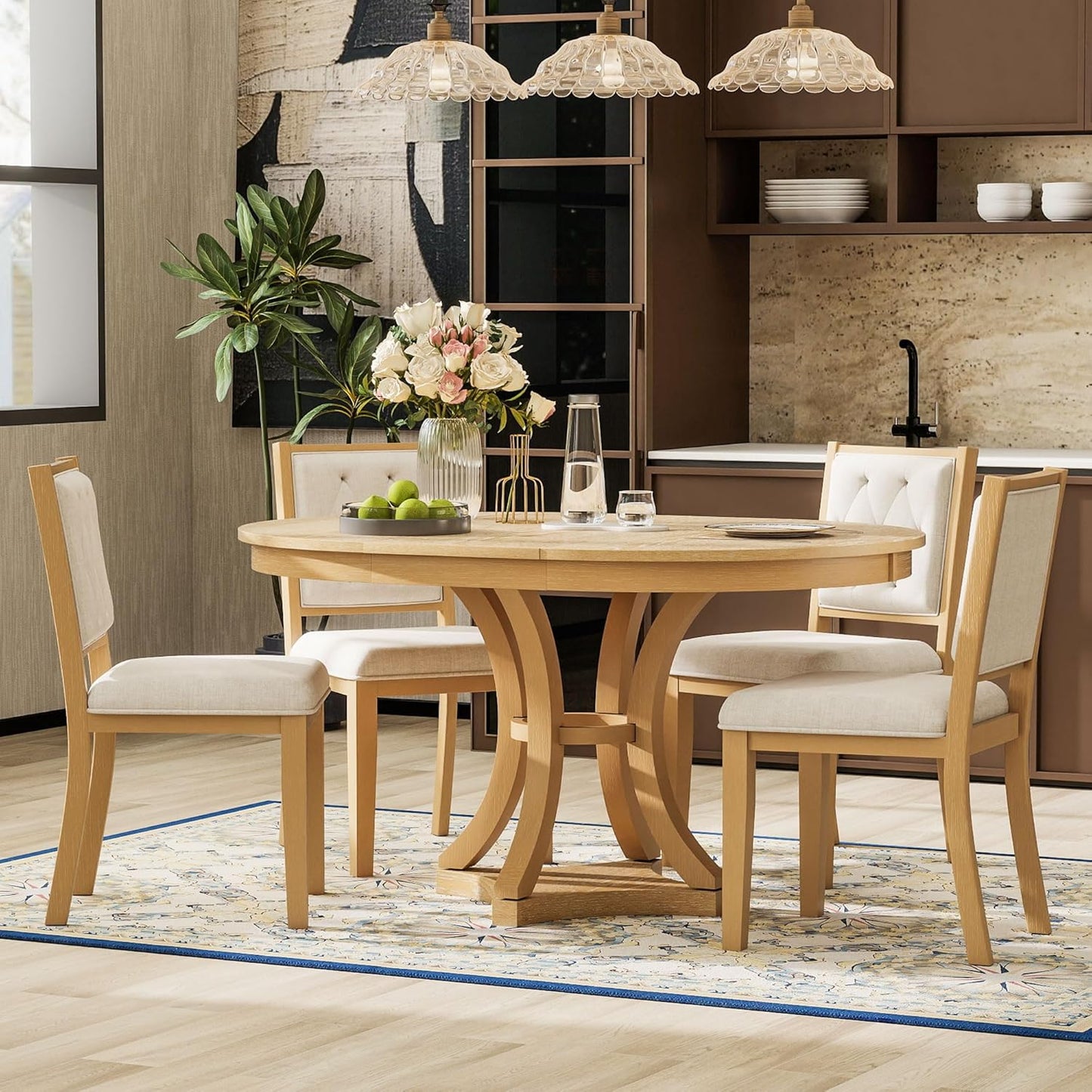 Ball & Cast Retro Dining Table Set for 4 with 4 Upholstered Chairs,5-Piece Wooden Living Room Furniture W/ 42" Round Extendable Kitchen Desk,for Small Space,Apartment,Dining Room,Natural