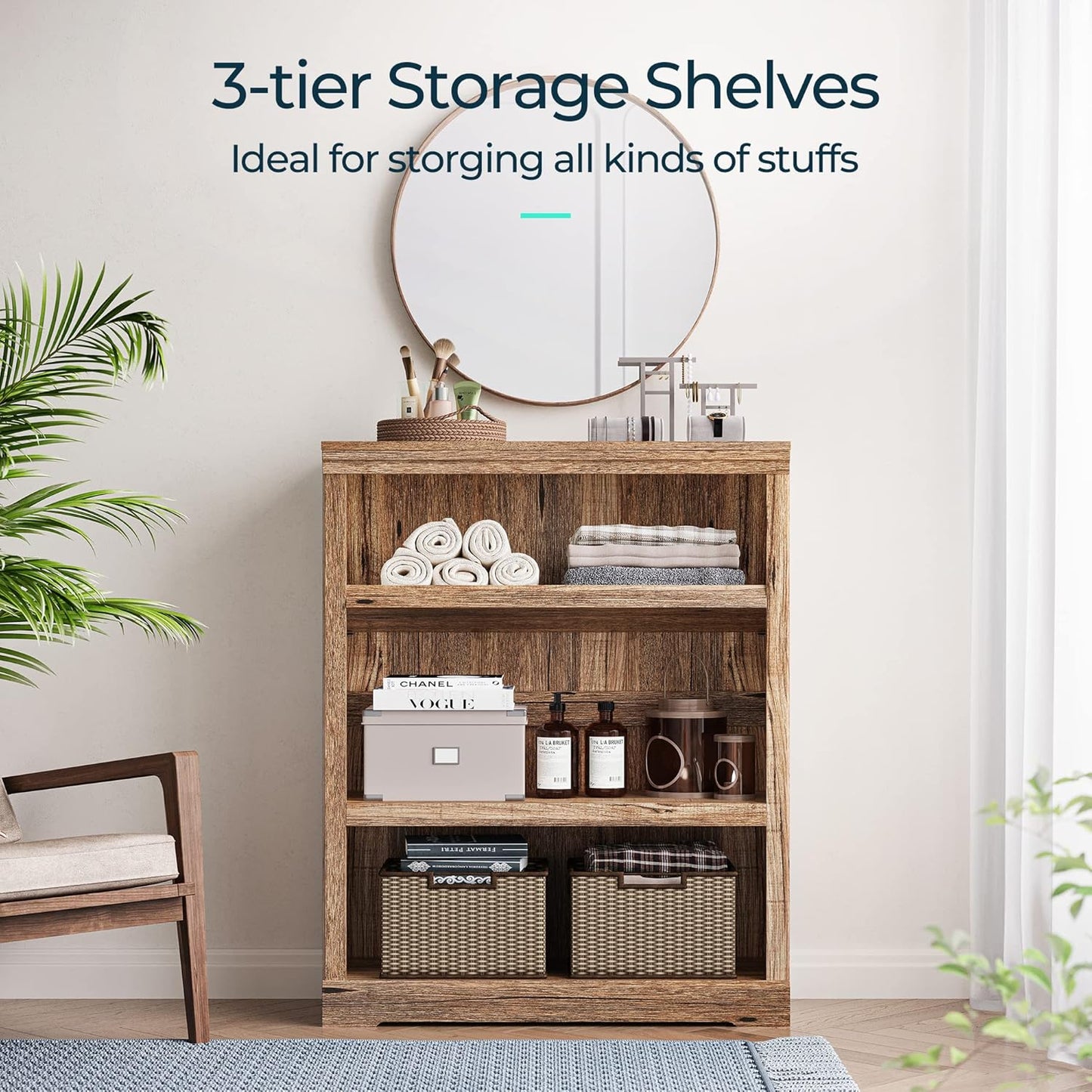 LINSY HOME 3-Tier Bookcase Display Storage Shelves Farmhouse Bookshelf for Home Office, Living Room, Bed Room - Dark Brown