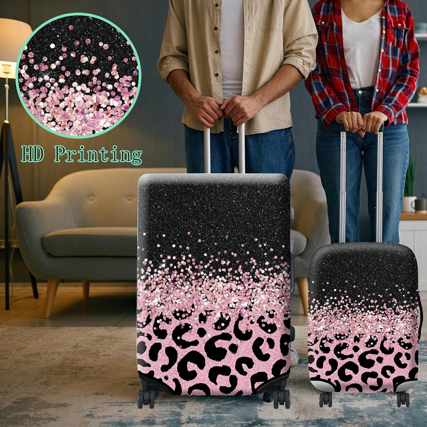 Luggage Cover + Tag, Pink Leopards Travel Suitcase Cover for 29-30 inch Luggage (XL) with Concealed Zipper, Washable Elastic Cloth, Dustproof, Anti-Scratch