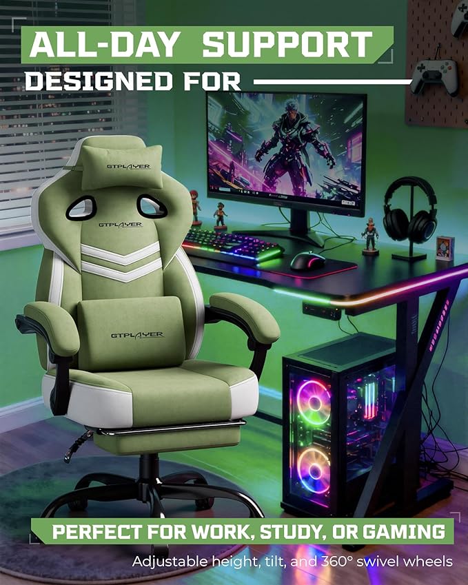 GTPLAYER Gaming Chair, Computer Chair with Footrest and Lumbar Support for Adults, 360°-Swivel Big & Tall Reclining Seat for Office or Gaming (Green)