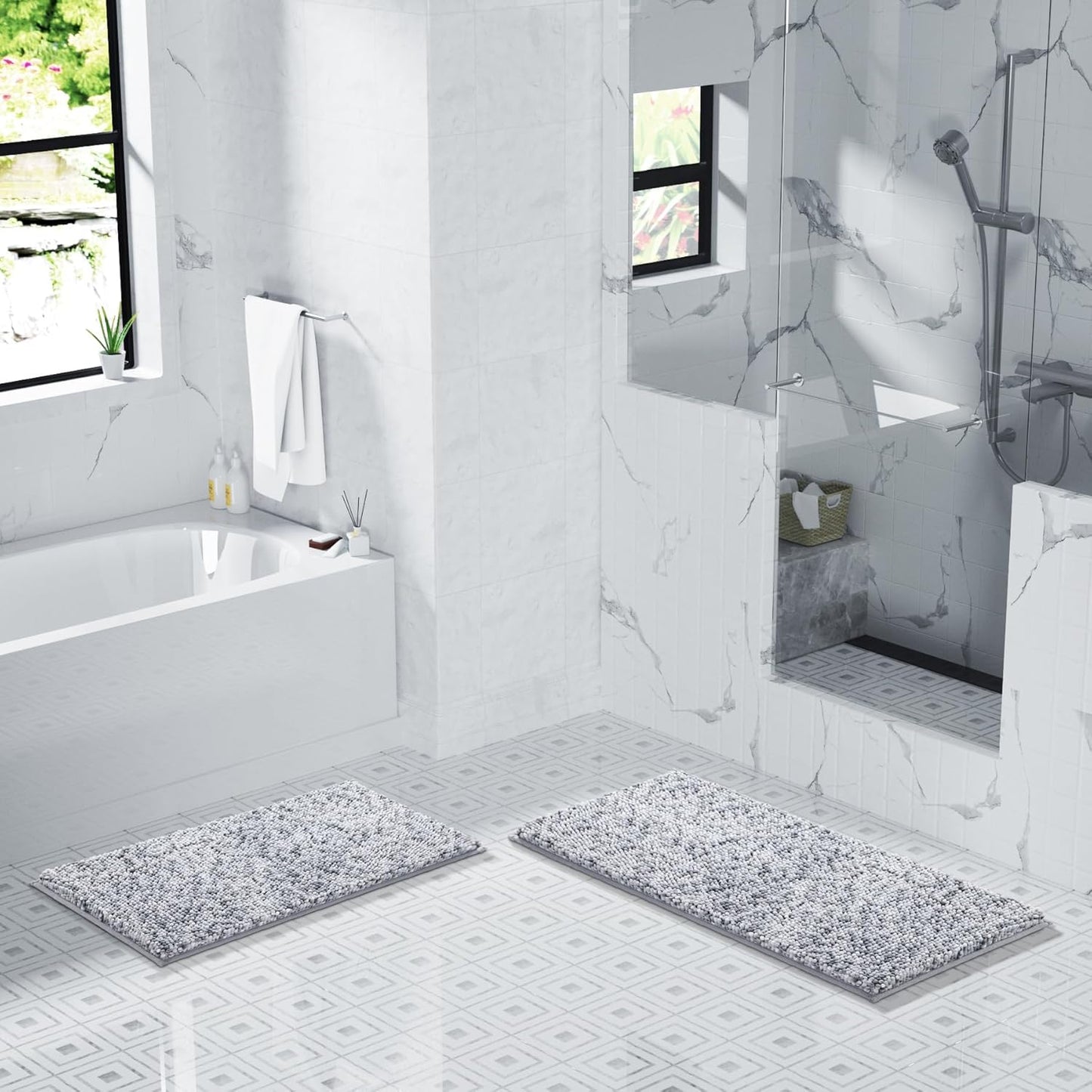 Yimobra Bath Mats for Bathroom Non Slip, 36x24, Extra Soft Chenille Bathroom Rugs, Luxury Fluffy Long Matts for Tub, Plush Shaggy Carpet, Water Absorb, Machine Washable, Light Grey & Dark Grey