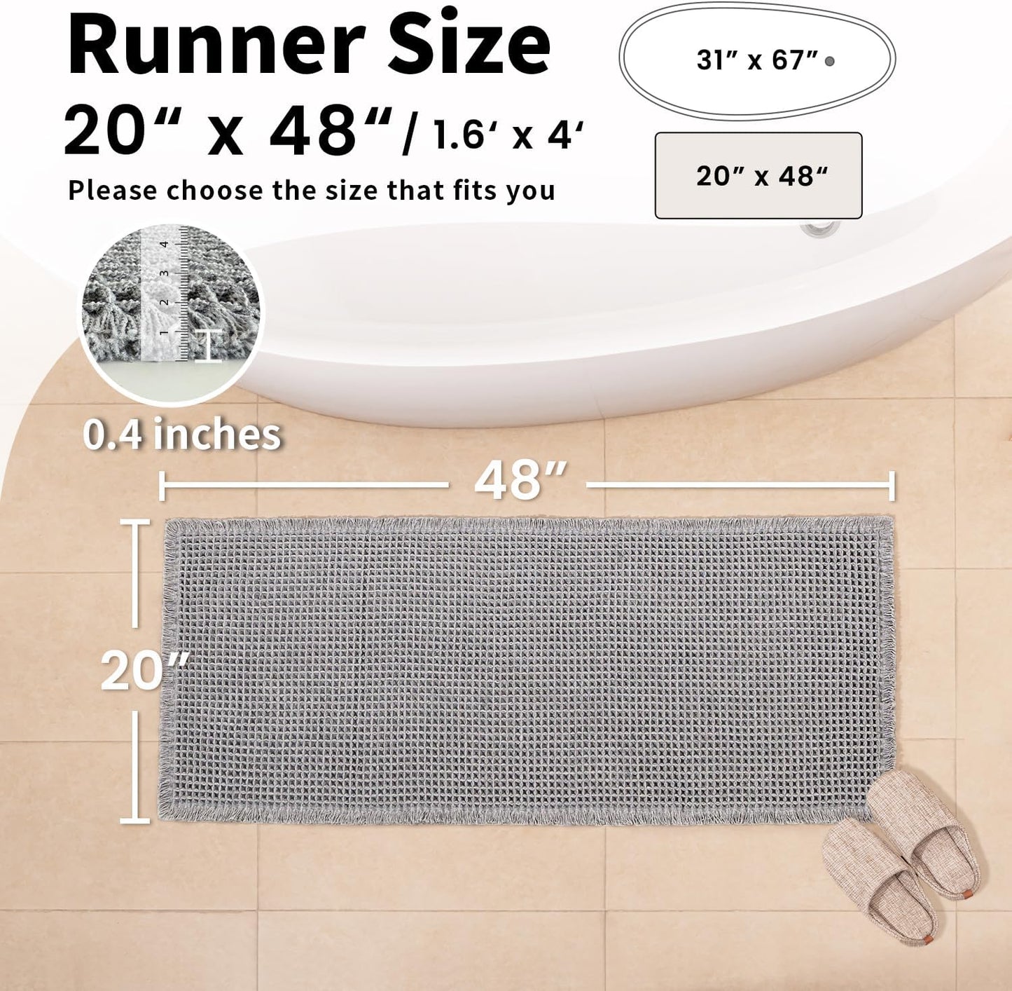 Waffle Bath Mat - Boho Bathroom Rugs Non Slip Washable, Super Absorbent & Quick Dry, Soft Bath Mat Farmhouse Bathroom Decor, 20'' x 48'', Light Grey