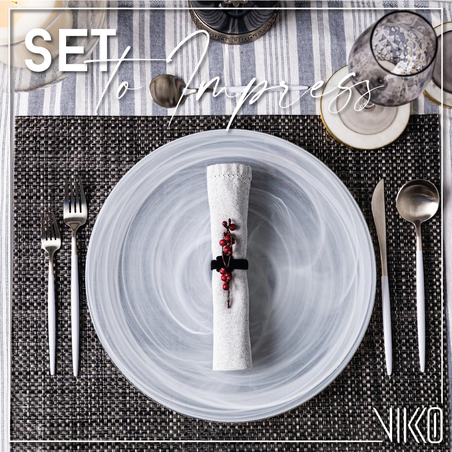 Vikko Charger Plates, Set of 6 White Alabaster Dinner Plates, 13" Plate with Marbelized, Swirl Design, Elegant Glass Charger, Dishwasher Safe
