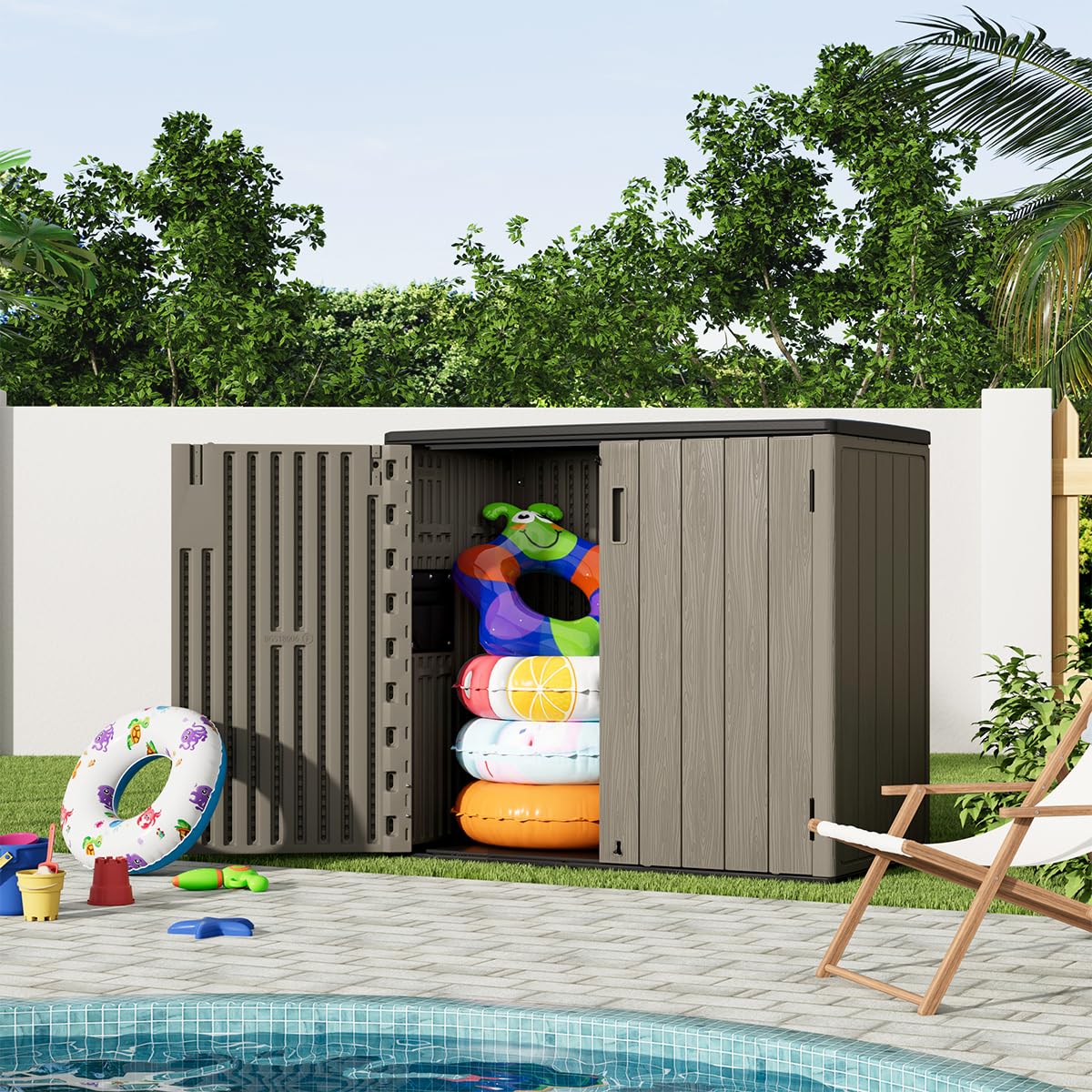 KINYING Outdoor Horizontal Storage Sheds,Outdoor Storage Cabinet Waterproof Resin Tool Storage Box for Lawn Mower,Garden Tools and Patio Furniture, Lockable (Brown)