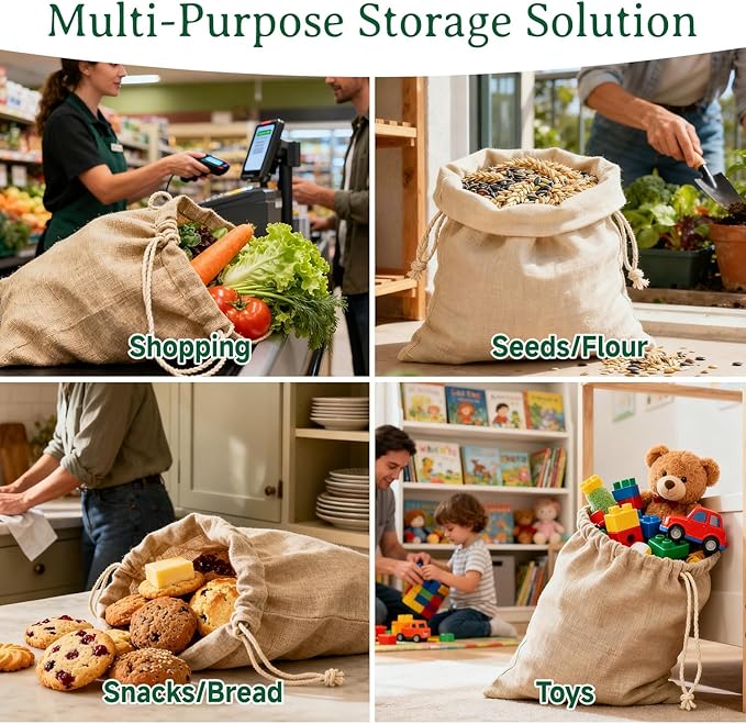 Simple&Opulence 12-Pack 8” x 10” Linen Cotton Drawstring Bags Reusable Grocery Sacks, DIY Craft Sachet Sacks Storage Cloth Bags for Party Wedding Home Bulk Produce Bags, Washable, Natual Linen