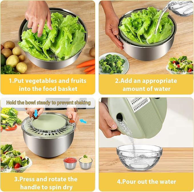 KITHELP Stainless Steel Salad Spinner Large, Vegetables Fruits Wash Bowl with Strainer, Lettuce Spinner Dryer with 5 Blades Slicer, Egg Yolk Strainer, Shredder for Efficient Salad Preparation 5.3Qt