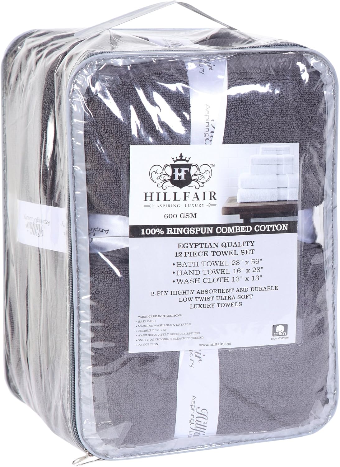 Hillfair 12 piece 600 GSM Cotton Bath Towels - Hotel Spa Quality - 2 Bath, 4 Hand, 6 Washcloths - Absorbent Super Soft Grey Cotton Set