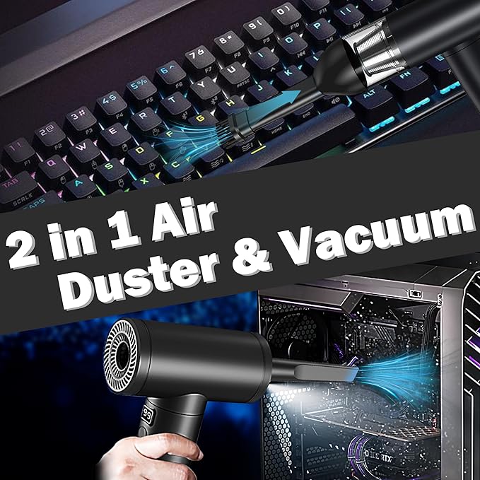 Electric Air Duster Rechargeable 2-in-1 91,000 Super Power Air Blower Cordless with Car Vacuum and LED Light, 7500mAh Battery Electric Duster for PC, Keyboard, House, Car Cleaning - Black