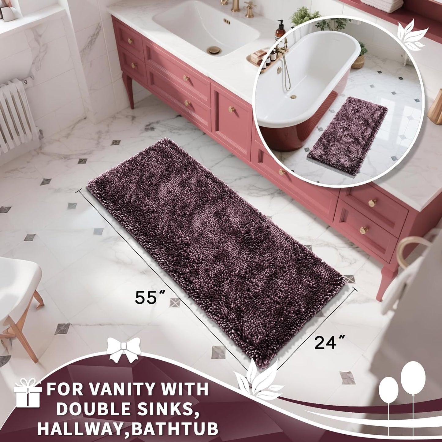 Yimobra Long Bathroom Rugs Runner 55x24 Inch, Extra Thick Soft Absorbent Chenille Bath Mat, Non Slip Machine Washable, Quick Dry Bath Rugs for Bathroom Floor, Tub and Shower, Purple Grey