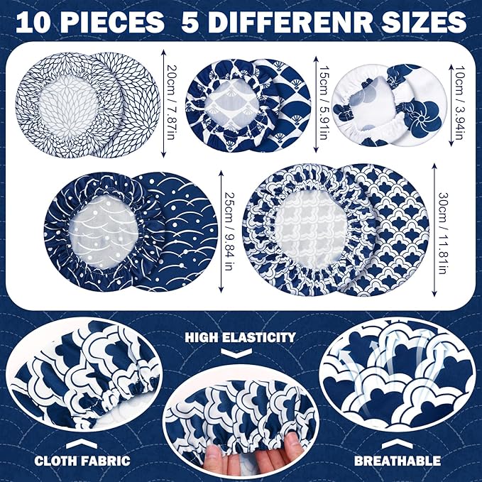 Patelai 10 Pcs Bowl Covers Reusable in 5 Size Stretch Cloth Fabric Elastic Food Storage Bowl Covers Bread Sourdough Lids for Proofing Food Fruits Leftover(Blue White,Japanese)