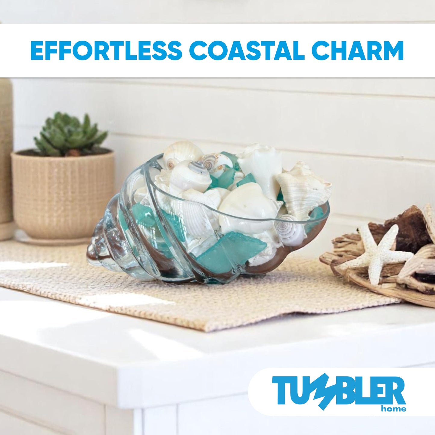 Tumbler Home White Sea Shell Mix with Aqua Sea Glass | Set Contains 1.5 lbs of Seashells and Seaglass | Beach Decor, Crafts, Wedding, Vase Filler