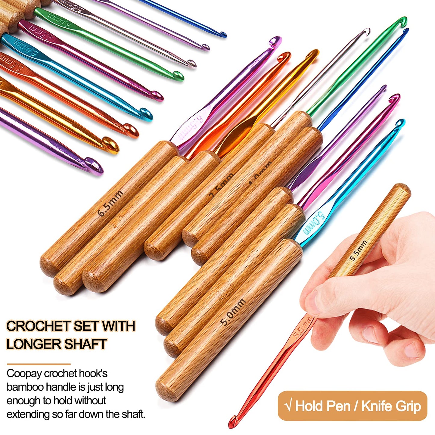 Coopay Bamboo Crochet Hooks Comfort Grip, 6.7" Crochet Kit Longer Aluminum Shaft Crochet Needles for Crocheting, Ergonomic Knitting Hooks Set for Crochet Yarn Craft, Premium Knitting Crochet Supplies