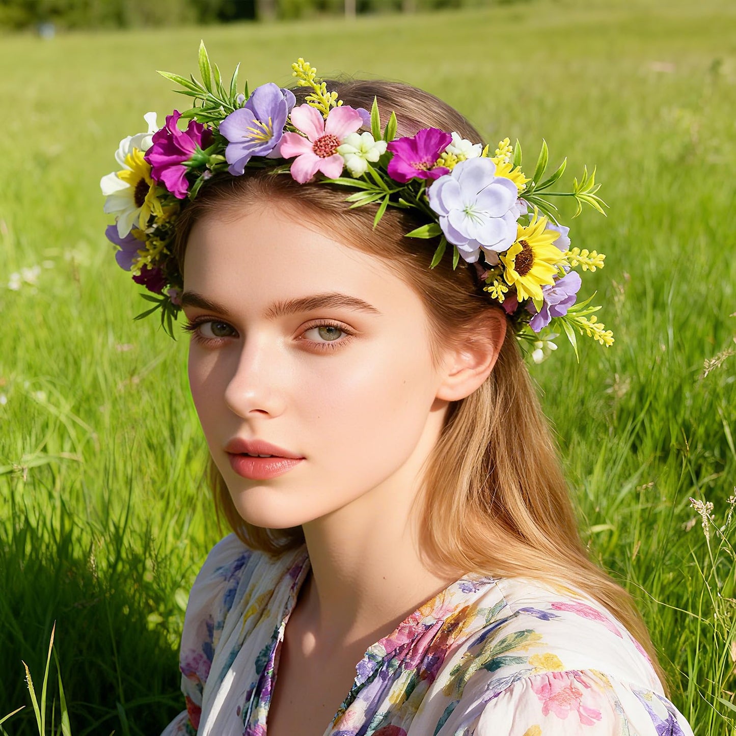 KorViSHOW Fairy Flower Crown Headband, Artificial Sunflower Daisy Floral Headpiece, Boho Forest Woodland Flower Headband for Women Girls Maternity Birthday Wedding Renaissance Festival Hair Accessory